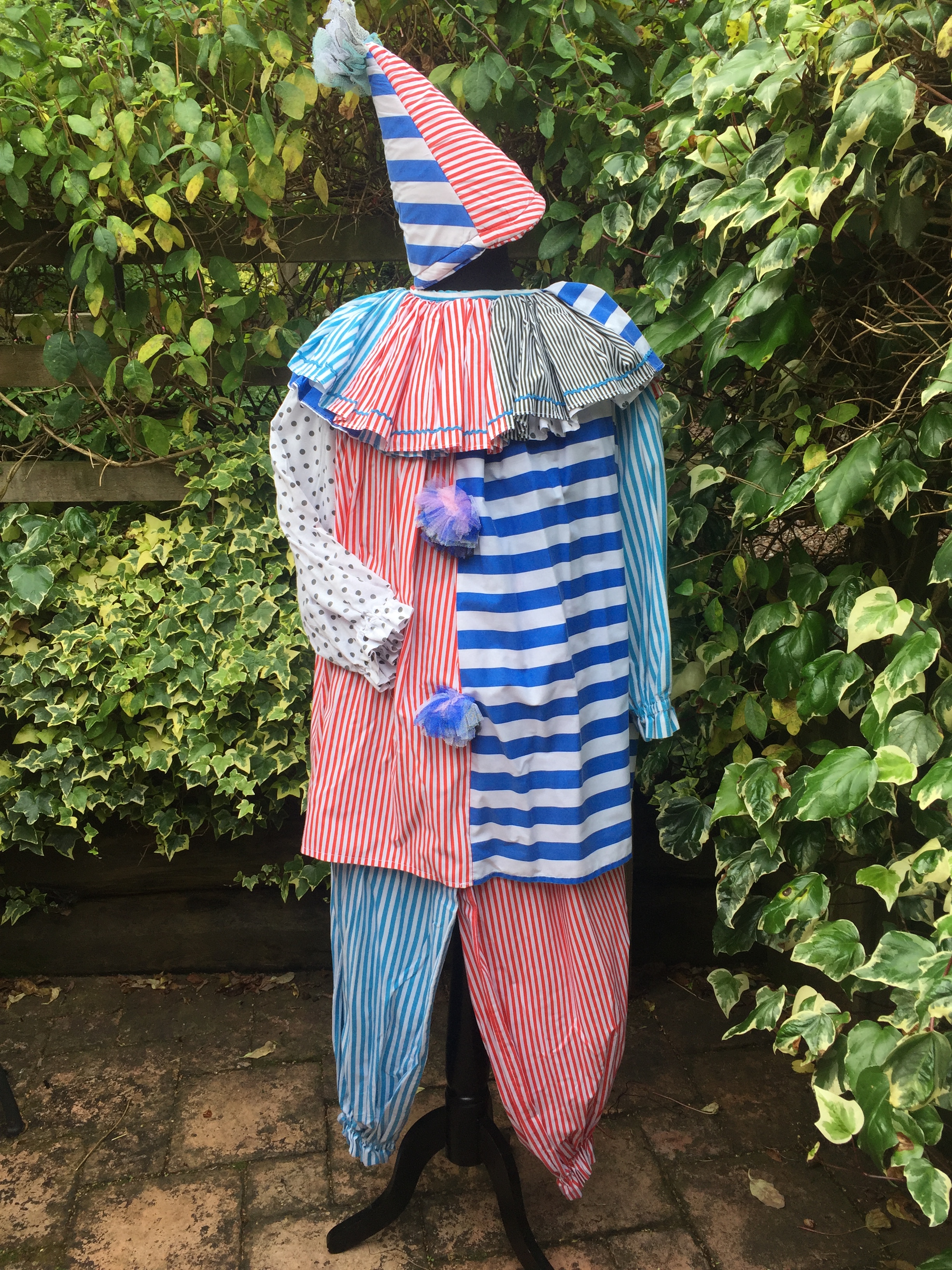 Unisex StripedClown Costume For Hire. Circus Clown, Horror Clown,