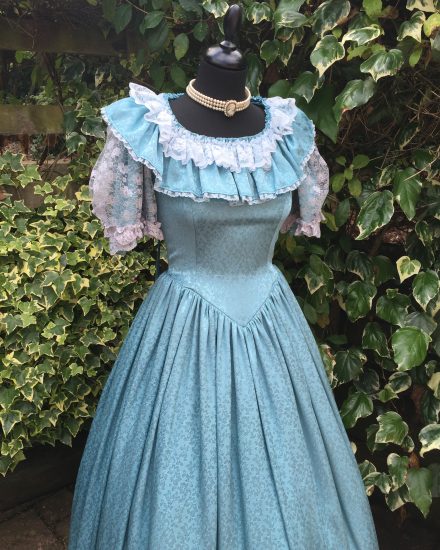 Masquerade Ladies Blue Silk Victorian Dress For Hire. Victorian Day Wear