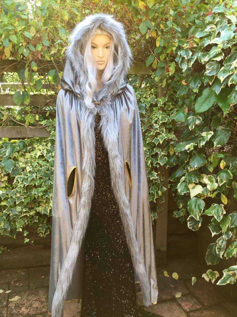 Grey Velour Fur Trimmed Hooded Cape - Masquerade