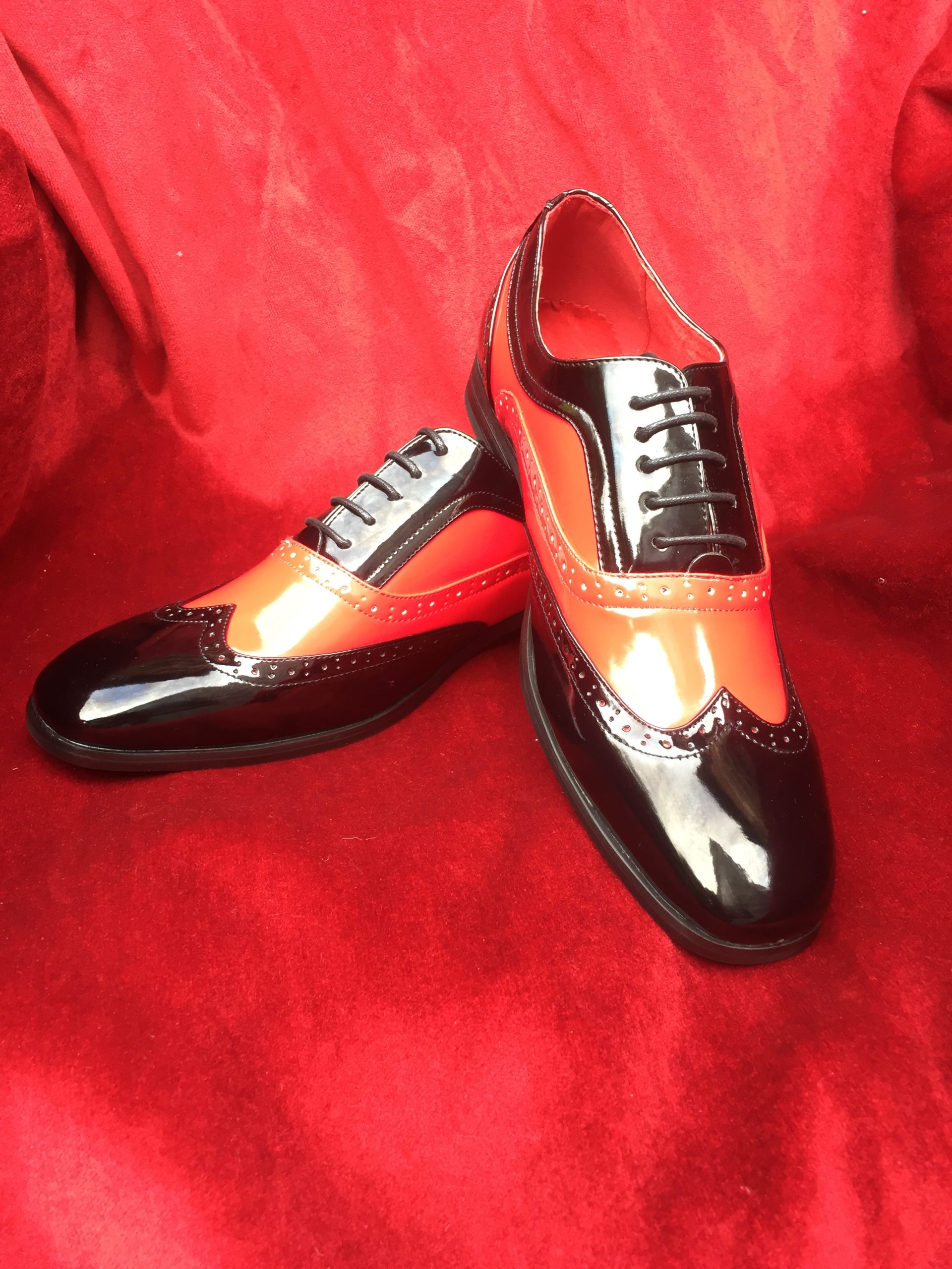 Masquerade Mens Black Red Patent Spiv Shoes For Hire. Gangster Shoes