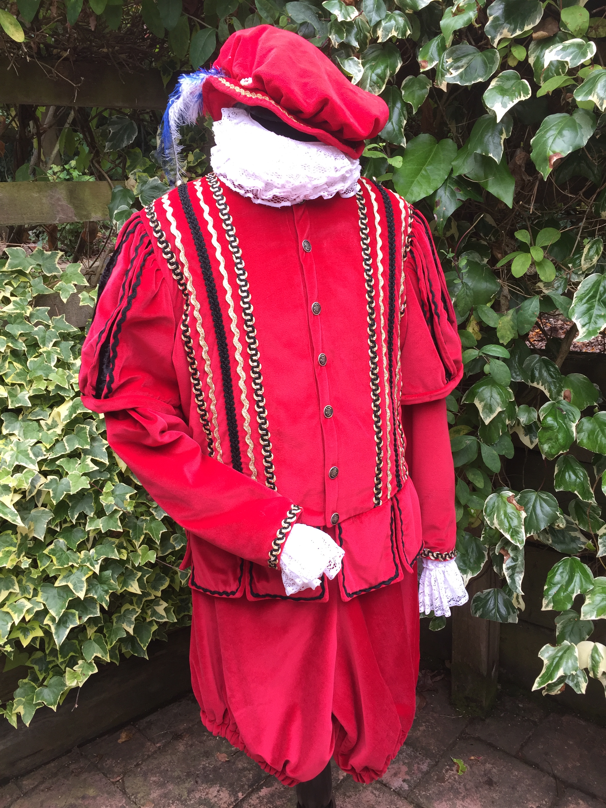 Mens Red Velour Tudor Costume For Hire. Elizabethan Costume Hire