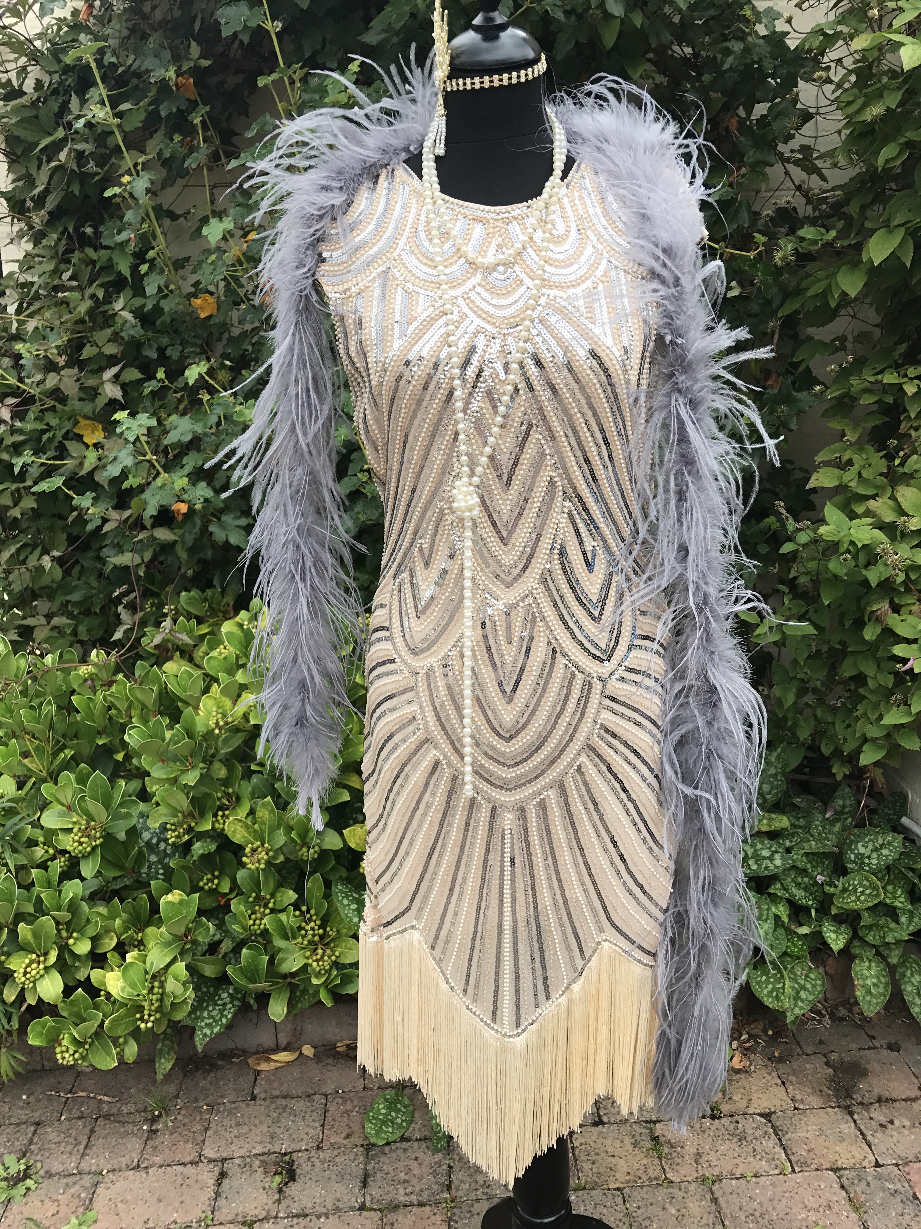 Ladies Cream Sequin Great Gatsby Dress For Hire. 1920’s Costume Hire