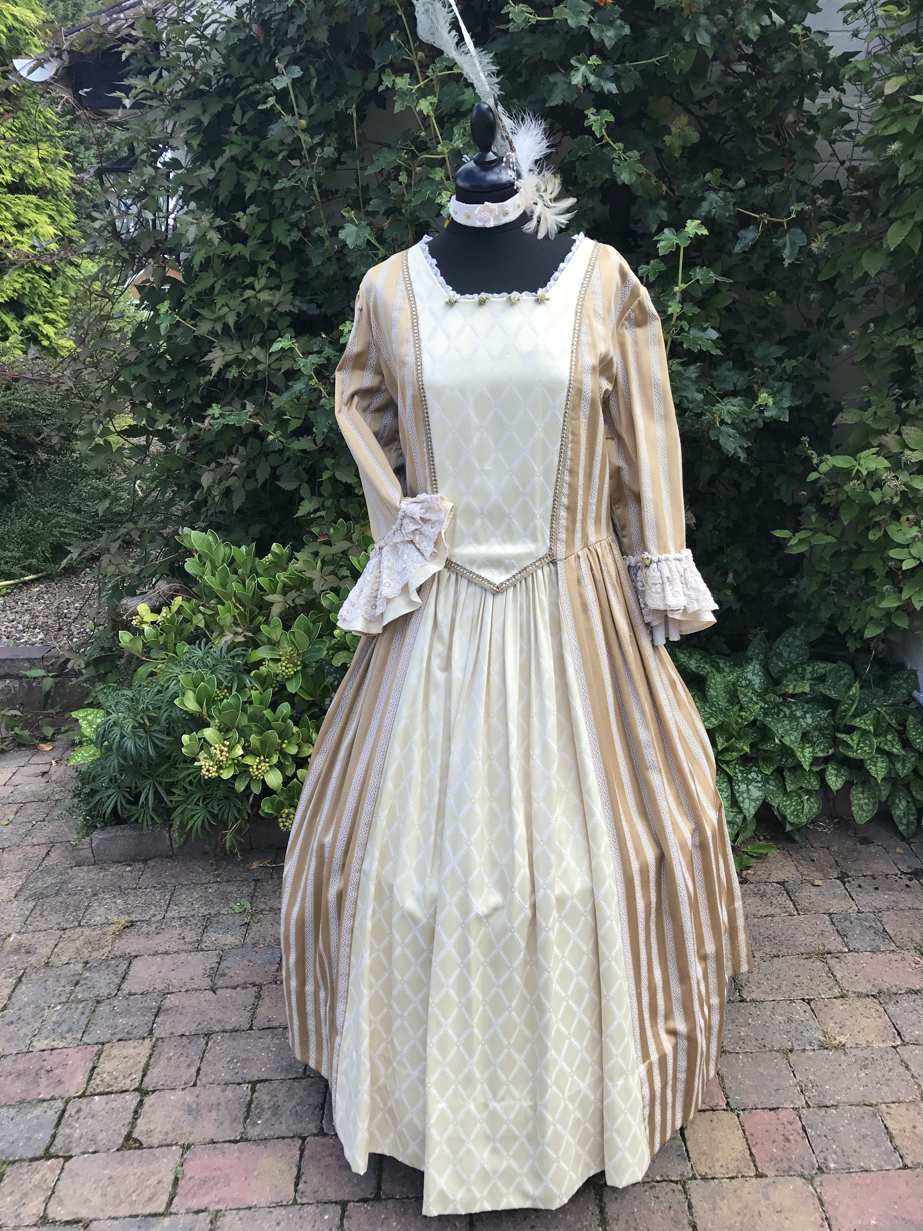 Ladies Gold Striped Georgian Dress For Hire. Masked Ball Costume Hire