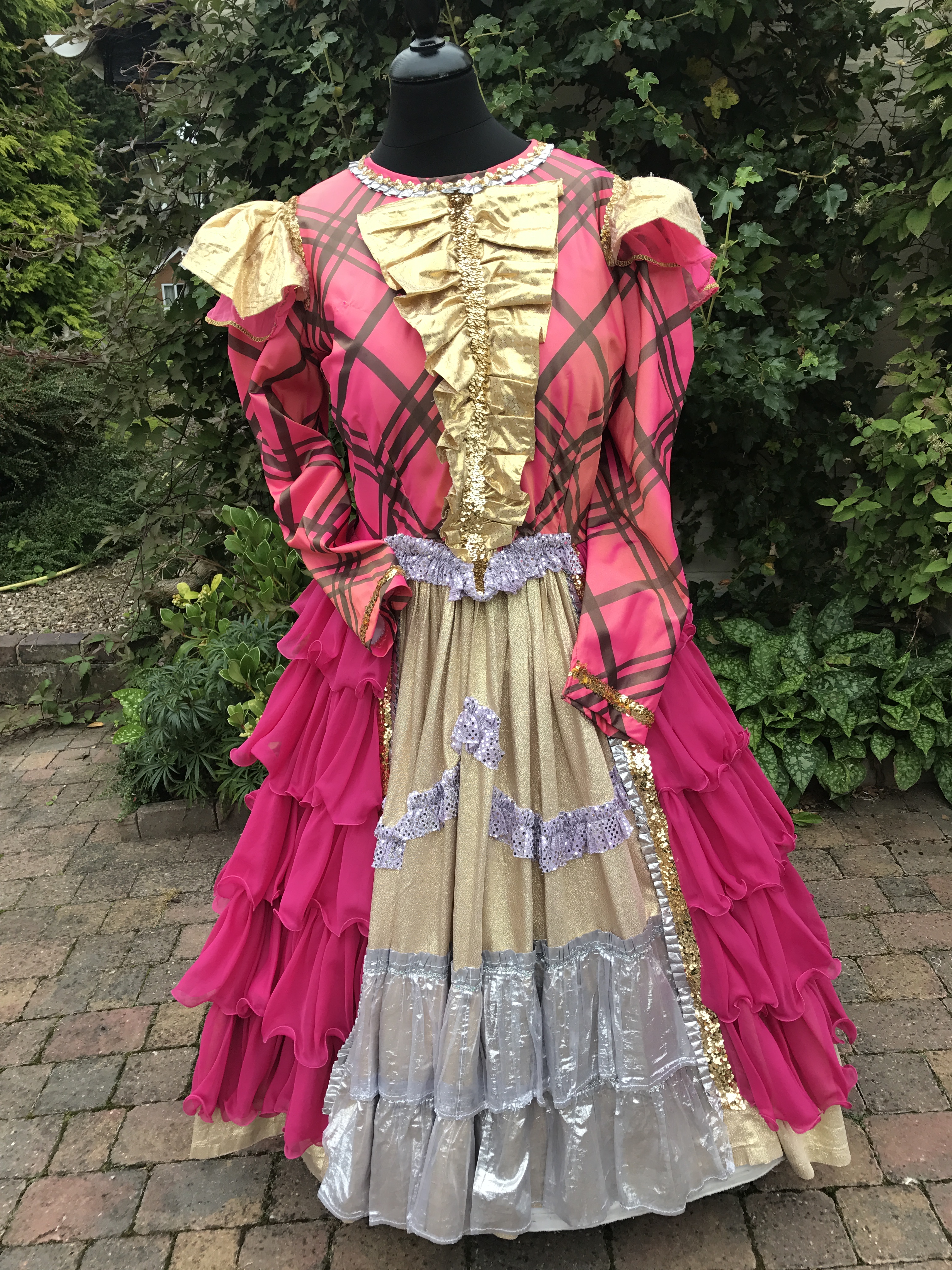 Pink Checked Pantomime Dame Costume For Hire. Pantomime Costumes