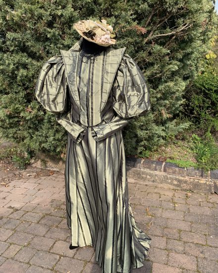 Ladies olive green striped Edwardian day suit