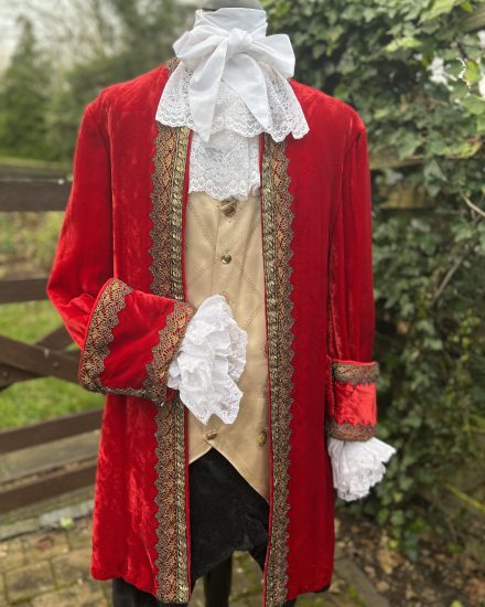 Mens Red Velvet Georgian Costume. Mens 18th Century Costume Hire